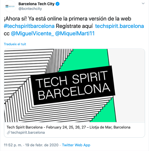 Tweet sobre Tech Spirit Barcelona
