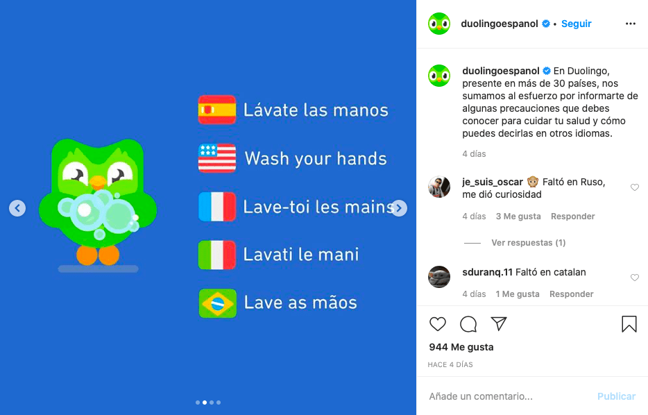 Captura de pantalla de la cuenta de Instagram de Duolingo Español anunciando medidas preventivas ante el Covid-19 en varios idiomas