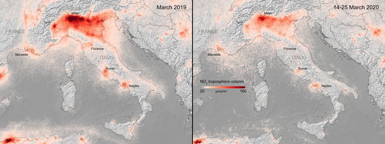 Niveles de dióxido de nitrógeno antes y después del cierre de Italia. /ESA