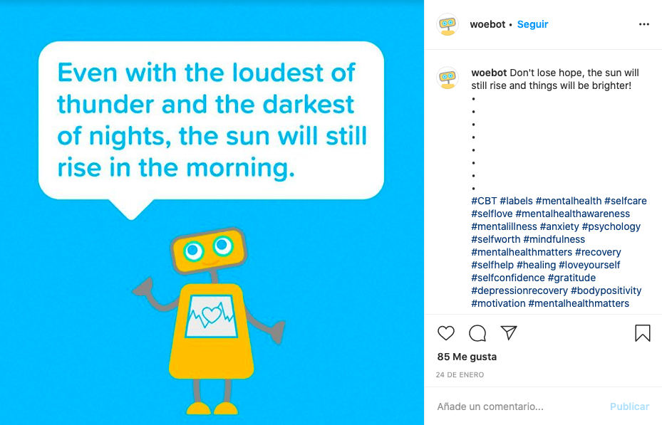Publicación en la cuenta de Instagram del robot Woebot