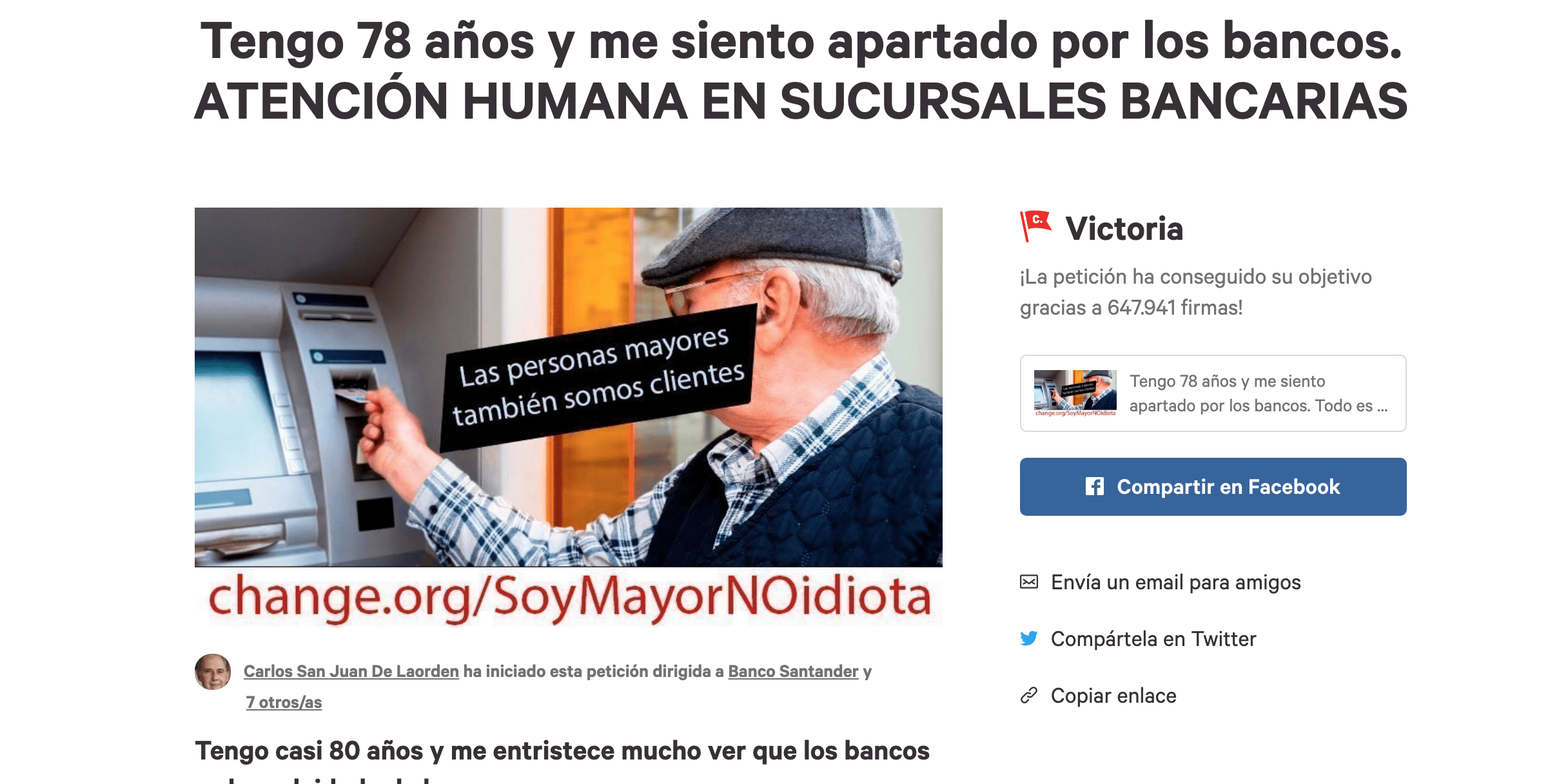 El valenciano anónimo Carlos San Juan, con su petición en Change.org pretende cambiar la atención de los mayores en las entidades bancarias.