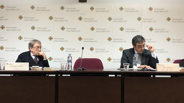 Eugenio Nasarre y Jaime Rosell durante el coloquio de la UAO/ Fórumlibertas
