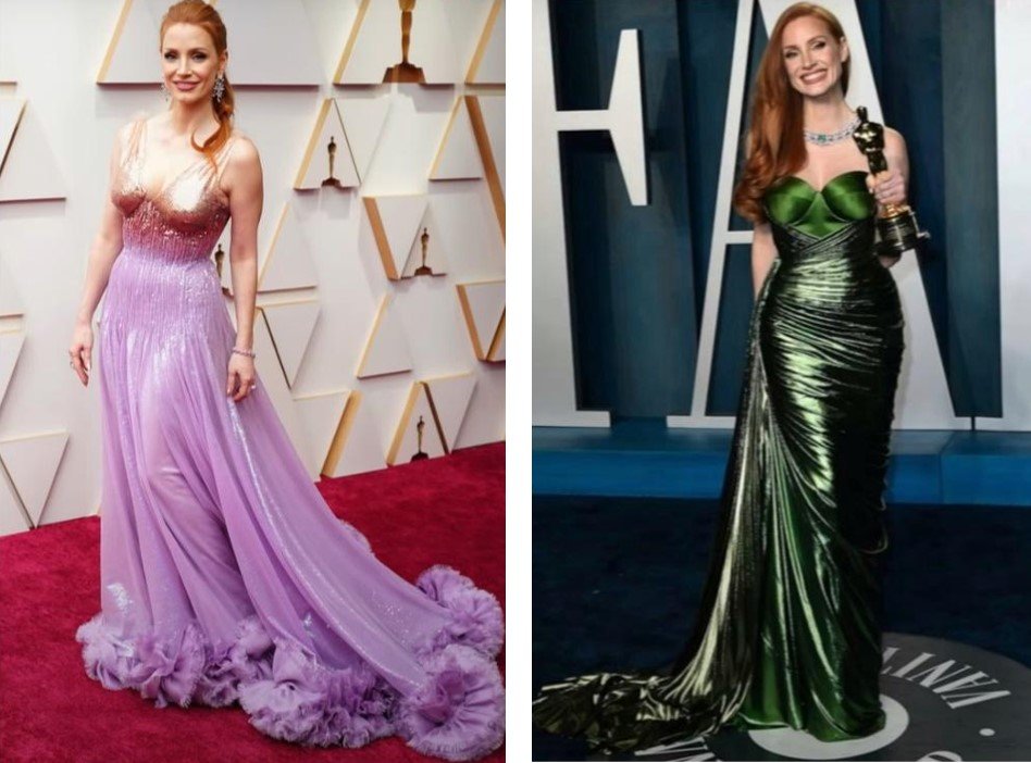 'Looks' de Jessica Chastain en los Óscar y la 'afterparty' Vanity Fair respectivamente/ Youtube