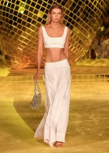 Staud's white low rise maxi skirt during their spring/summer 2022 runway show