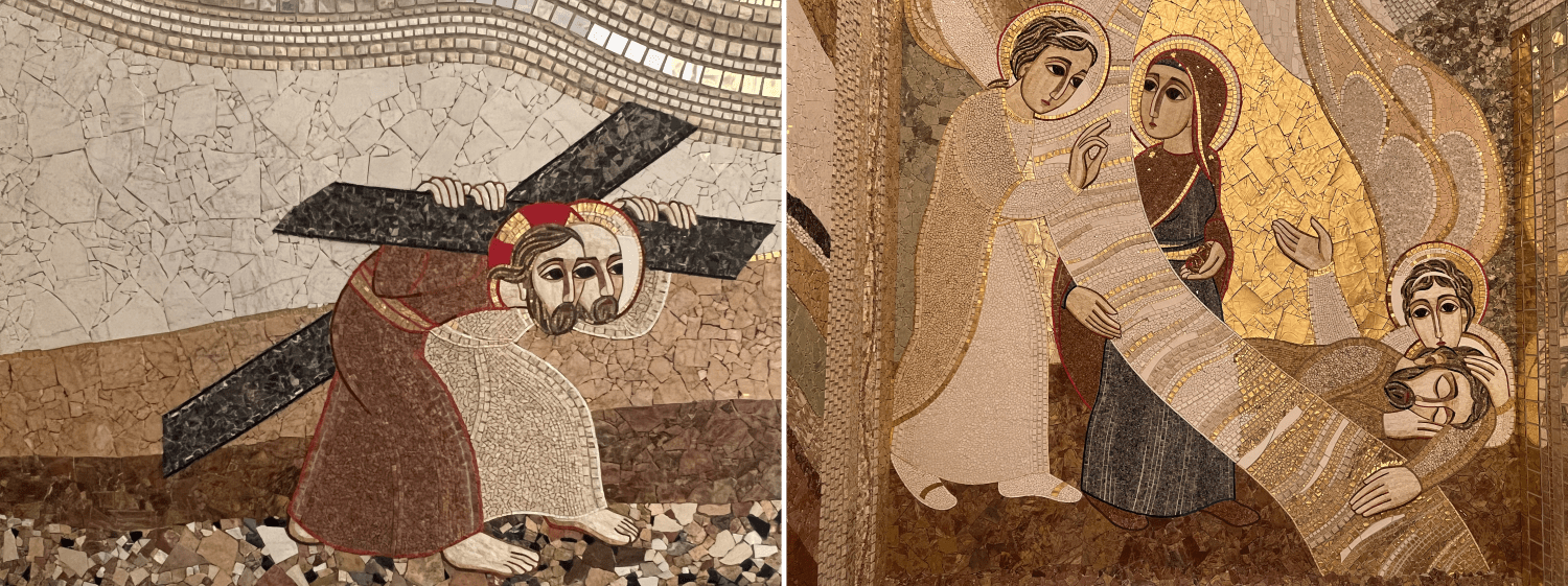 Algunos de los mosaicos que lucen en las paredes laterales de 'la Cova'