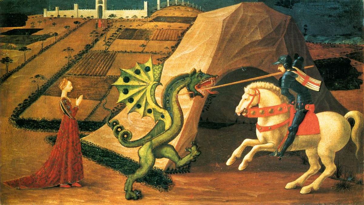 Saint George on his white horse killing the dragon for Saint George's Day