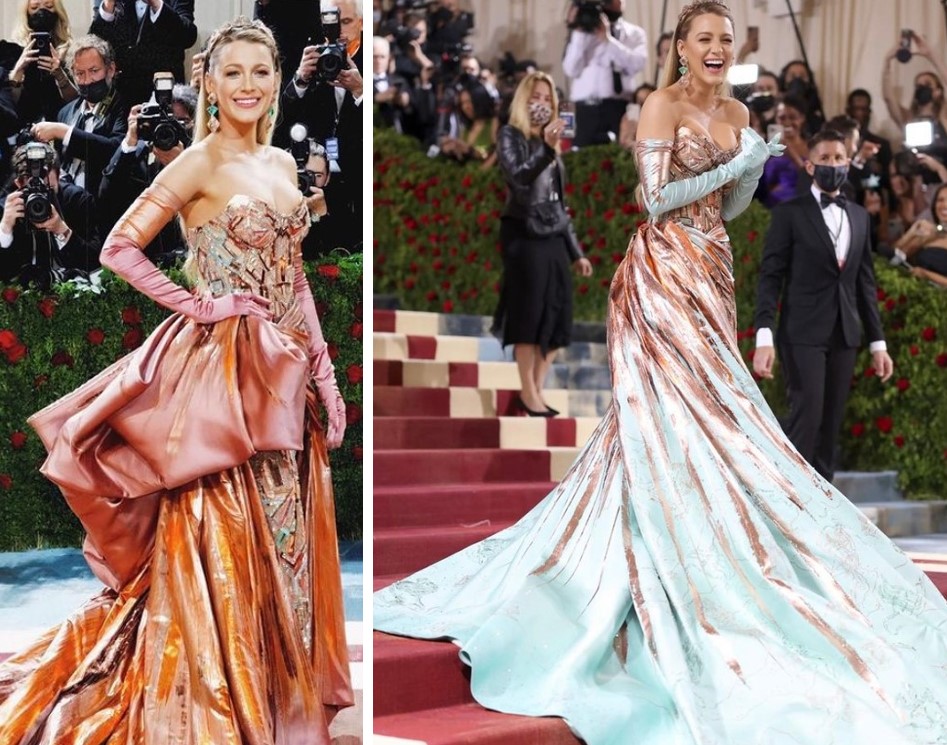 Blake Lively at the Met Gala with her Atelier Versace dress that refers to emblematic places in New York / Instagram