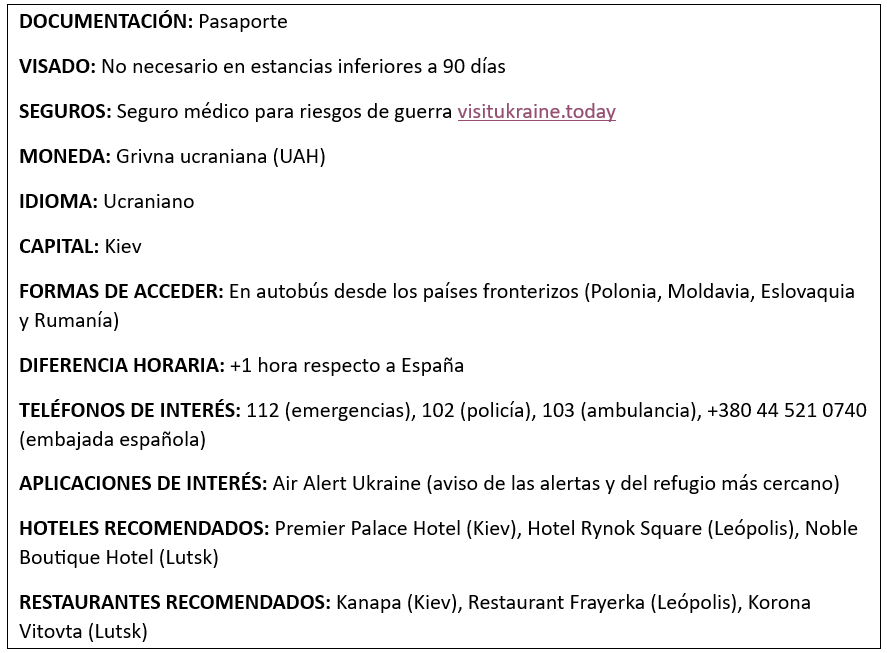 Tabla de información relevante